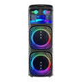 Black party speaker with colorful LED lights on a white background Board-X DR-1229 professional portable party speaker with double 12-inch woofers, RGB LED lighting, and dual wireless microphones - LebTech Store Lebanon
