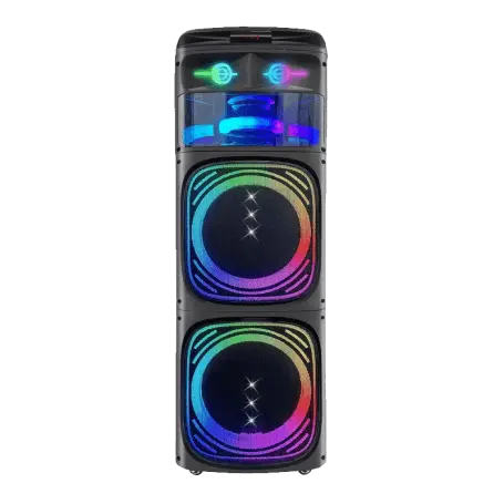 Black party speaker with colorful LED lights on a white background Board-X DR-1229 professional portable party speaker with double 12-inch woofers, RGB LED lighting, and dual wireless microphones - LebTech Store Lebanon