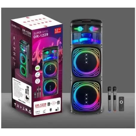 Board-X DR-1229 professional portable party speaker with double 12-inch woofers, RGB LED lighting, and dual wireless microphones - LebTech Store Lebanon