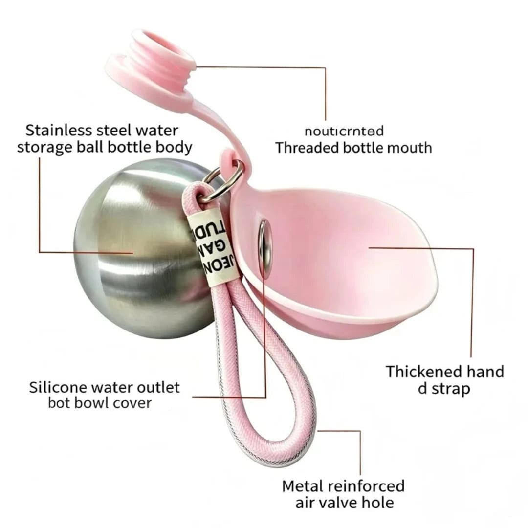 An infographic diagram showing the components of a stainless steel portable pet water bottle with a pink silicone bowl cover, wrist strap, and threaded mouth at LebTech Store in Lebanon.