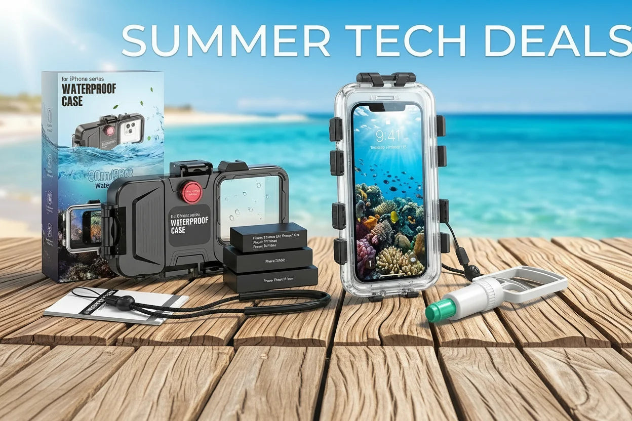 A waterproof phone case set displayed on a wooden surface with a beach and ocean backdrop. The set includes a clear waterproof case with black trim, a black waterproof housing, a product box, stacked battery packs, a strap, and a small green-and-white accessory , Lebtech Store | Lebanon