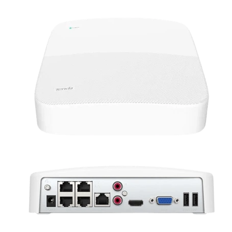 Tenda K4P-4TR PoE network video recorder showing the top casing view and the back panel interface featuring 4 PoE ports, HDMI, VGA, and USB ports from Lebtech Store Lebanon.
