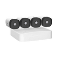 Tenda K4P-4TR 4-channel PoE HD video security kit showing four white outdoor bullet cameras lined up above the white NVR recorder, available at Lebtech Store with fast delivery across Lebanon.