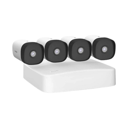 Tenda K4P-4TR 4-channel PoE HD video security kit showing four white outdoor bullet cameras lined up above the white NVR recorder, available at Lebtech Store with fast delivery across Lebanon.