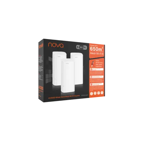 Perspective view of the official retail packaging box for the Tenda Nova EX12 AX3000 whole home gigabit mesh Wi-Fi 6 system 3-pack, from Lebtech Store Lebanon.