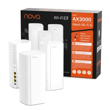 Tenda Nova EX12 AX3000 whole home gigabit mesh Wi-Fi 6 tower nodes displayed in front of their official black and orange retail packaging box, from Lebtech Store Lebanon.
