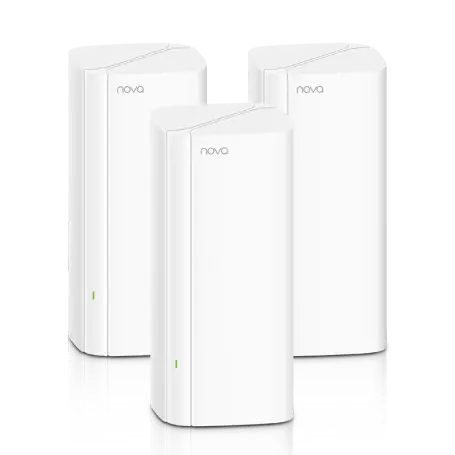 Three white tower-style Tenda Nova EX12 AX3000 whole home gigabit mesh Wi-Fi 6 nodes standing together, available at Lebtech Store with fast delivery across Lebanon.