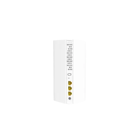 Rear panel view of a Tenda Nova EX12 AX3000 mesh tower node highlighting ventilation grilles, a physical mesh button, three yellow gigabit RJ45 Ethernet ports, and the power input jack, from Lebtech Store Lebanon.