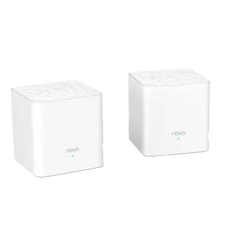  Two white cubic Tenda Nova MW3 mesh Wi-Fi system satellite nodes showing the Nova branding and green indicator status lights, from Lebtech Store Lebanon.
