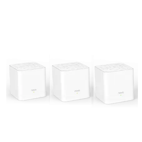 Three white cubic Tenda Nova MW3 AC1200 mesh Wi-Fi nodes sitting side-by-side on a plain white background, available at Lebtech Store with fast delivery across Lebanon