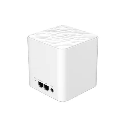 Rear perspective view of a single white Tenda Nova MW3 mesh node highlighting the reset pinhole, two RJ45 ethernet ports, and power input jack, from Lebtech Store Lebanon.
