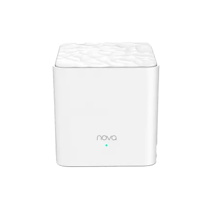 Front view of a single white Tenda Nova MW3 AC1200 whole home mesh router node with a textured top and green LED status indicator light, from Lebtech Store Lebanon.