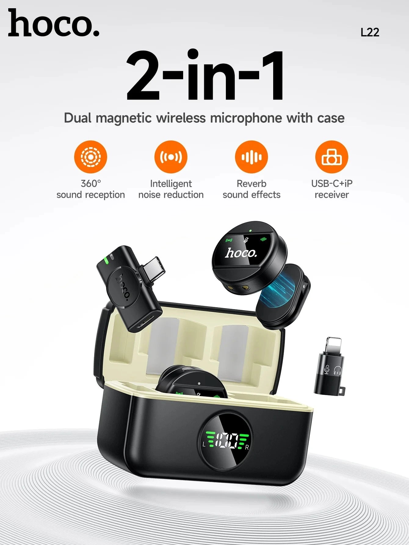 Hoco 2-in-1 dual magnetic wireless microphone with case on a white background