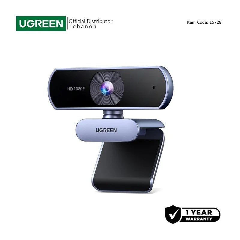 A UGREEN HD 1080P Webcam (Item Code: 15728) from LebTech Store, an official distributor in Lebanon. The image shows the sleek, silver-blue webcam with its adjustable mounting clip and a "1 Year Warranty" badge.