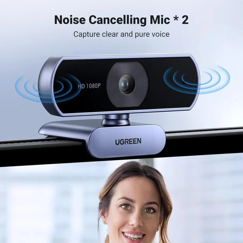 A feature highlight of the UGREEN HD 1080P webcam from LebTech Store Lebanon, showcasing its dual noise-cancelling microphones. The image illustrates how the built-in stereo mics capture clear and pure voice audio while filtering out background noise for professional video calls.