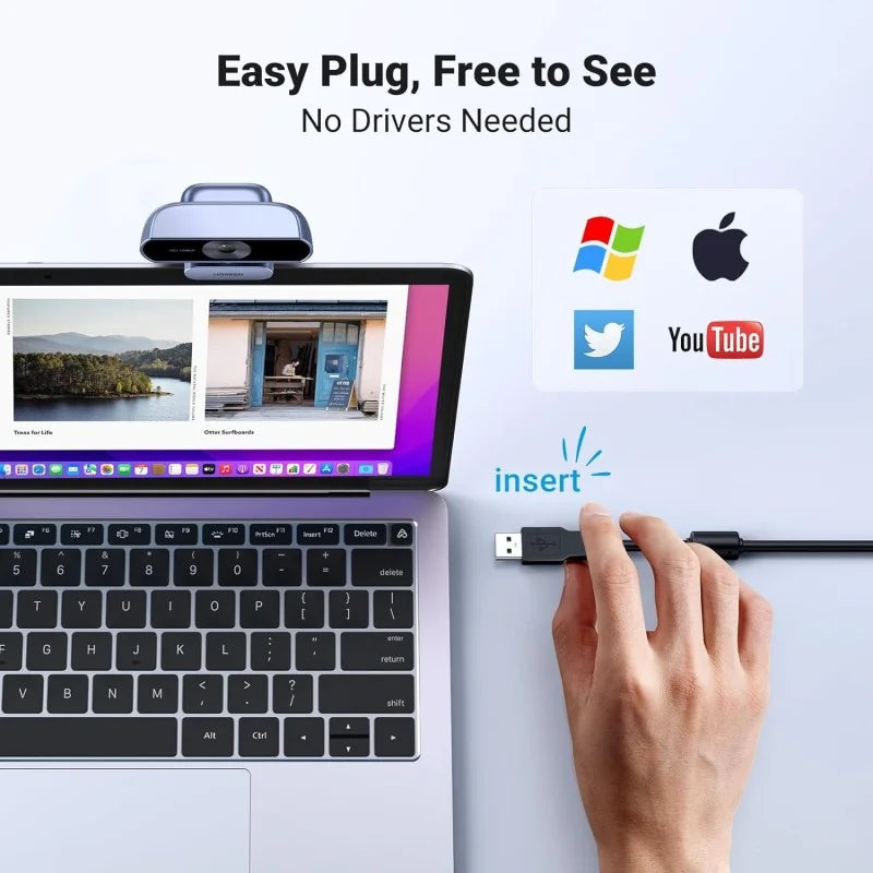 A lifestyle image demonstrating the "Easy Plug, Free to See" driverless setup of the UGREEN HD 1080P webcam from LebTech Store Lebanon. A person is shown plugging the USB cable into a laptop, highlighting the webcam's instant compatibility with Windows, macOS, and popular platforms like YouTube and X.