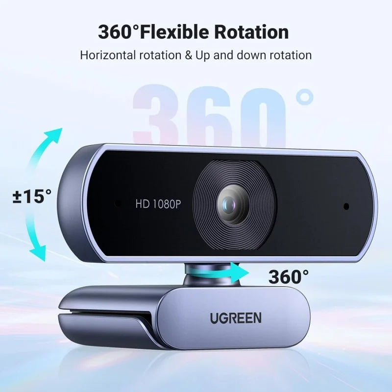 A feature diagram of the UGREEN HD 1080P webcam from LebTech Store Lebanon, showcasing its 360-degree flexible rotation. The image illustrates both the horizontal 360° rotation and the vertical ±15° tilt, allowing for adjustable viewing angles during video calls.