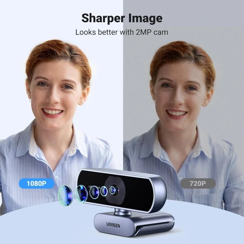 A side-by-side quality comparison for the UGREEN 2MP HD webcam from LebTech Store Lebanon. The image demonstrates a "Sharper Image" at 1080P resolution compared to a standard 720P camera, highlighting the superior clarity and color of the UGREEN lens