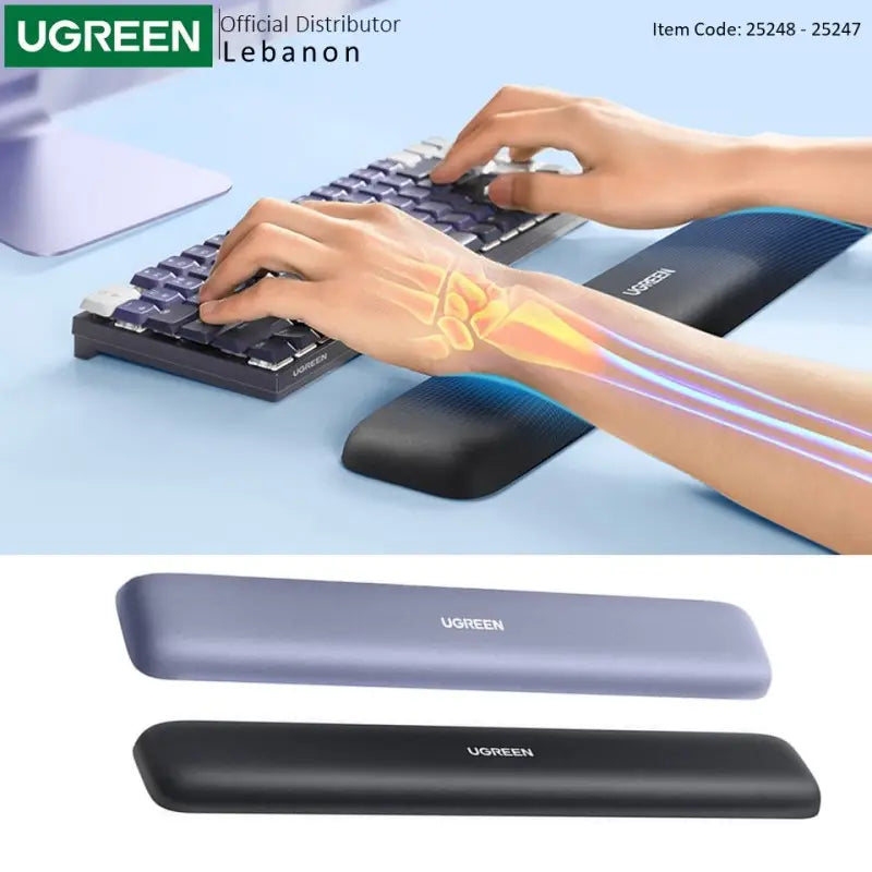Product image for the Ugreen memory foam keyboard wrist rest available at LebTech Store, an official distributor in Lebanon. The top section shows the ergonomic support in use with an anatomical bone overlay, while the bottom displays the two available color options, grey and black