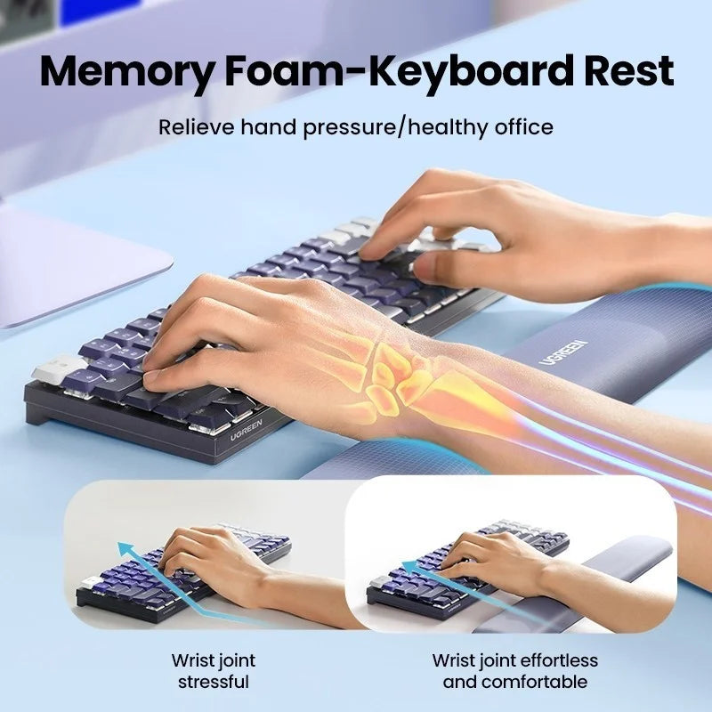 Ugreen ergonomic memory foam keyboard wrist rest from LebTech Store Lebanon, showing a comparison between a strained wrist joint without support and a comfortable, neutral wrist alignment with the rest.
