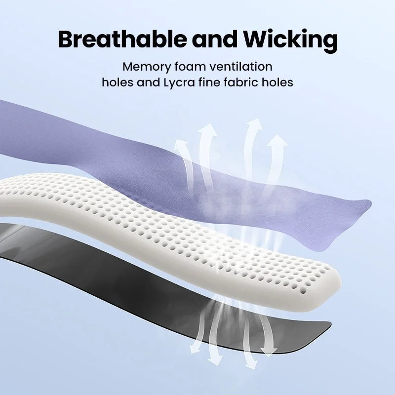 An exploded view of the Ugreen keyboard wrist rest from LebTech Store Lebanon, highlighting its breathable and wicking layers. The image shows the Lycra fine fabric top, the ventilated memory foam core with air holes, and the non-slip base, with arrows indicating airflow for cooling.

