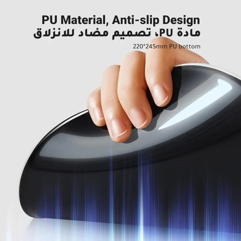 A hand demonstrating the flexible and grippy PU anti-slip bottom of a UGREEN ergonomic mouse pad from LebTech Store Lebanon. The image features English and Arabic text highlighting the 220*245mm non-slip base designed to keep the pad securely in place on any desk surface.