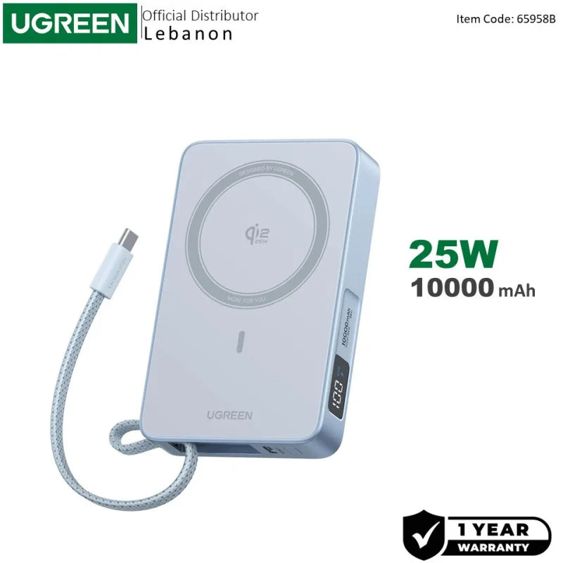 Main retail graphic of the blue Ugreen MagFlow 10000mAh Qi2 magnetic power bank with integrated USB-C cable and digital battery display, backed by a 1-year warranty from official distributor Lebtech Store Lebanon.