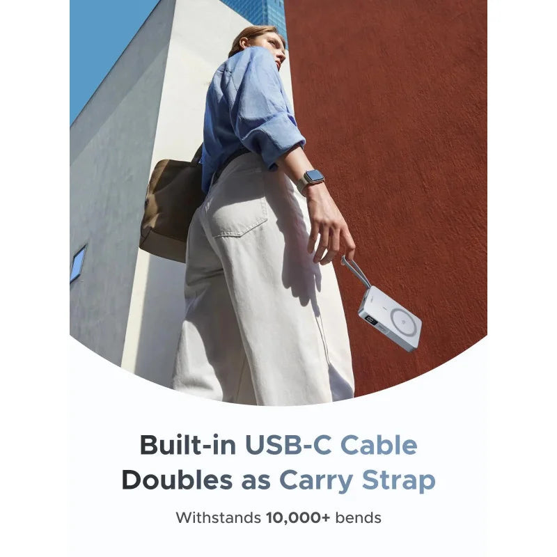  Lifestyle infographic of a person walking outdoors holding the Ugreen MagFlow power bank by its durable built-in Type-C cable that doubles as a carrying strap, from Lebtech Store Lebanon