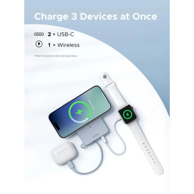  Feature infographic showing the Ugreen MagFlow wireless power bank charging an iPhone, an Apple Watch, and AirPods wirelessly and via dual USB-C ports at Lebtech Store Lebanon.