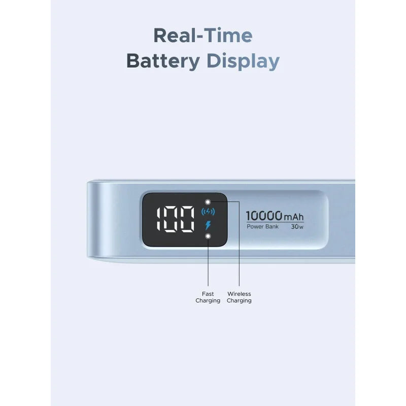  Detailed view of the Ugreen MagFlow 10000mAh power bank digital screen showing real-time battery status with fast and wireless charging indicator icons, from Lebtech Store Lebanon.