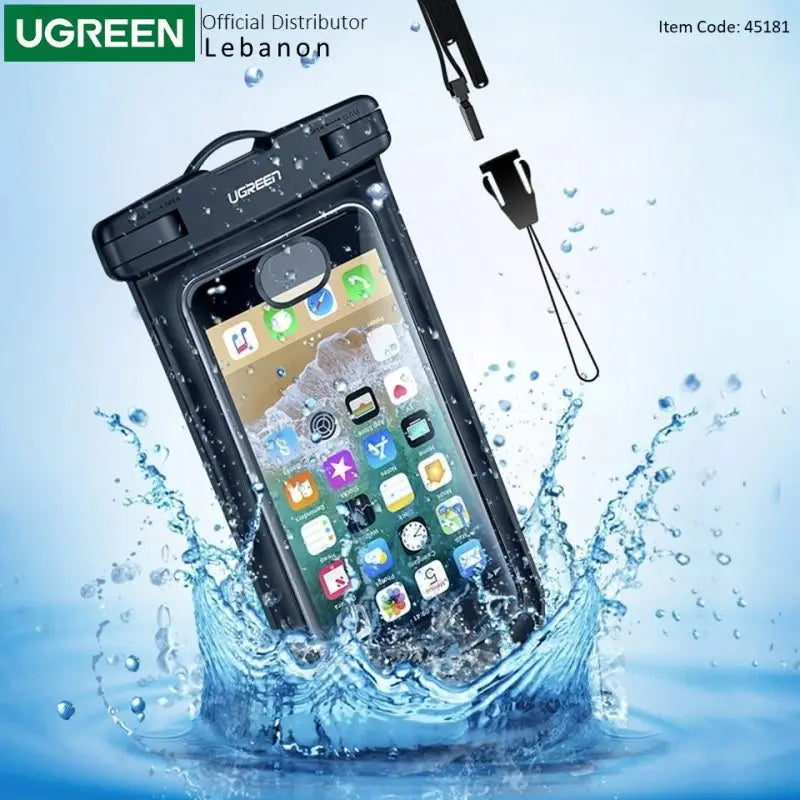 Main promotional graphic of the black Ugreen universal waterproof phone pouch splashing into water with its included lanyard strap, offered by official distributor channel at Lebtech Store Lebanon.