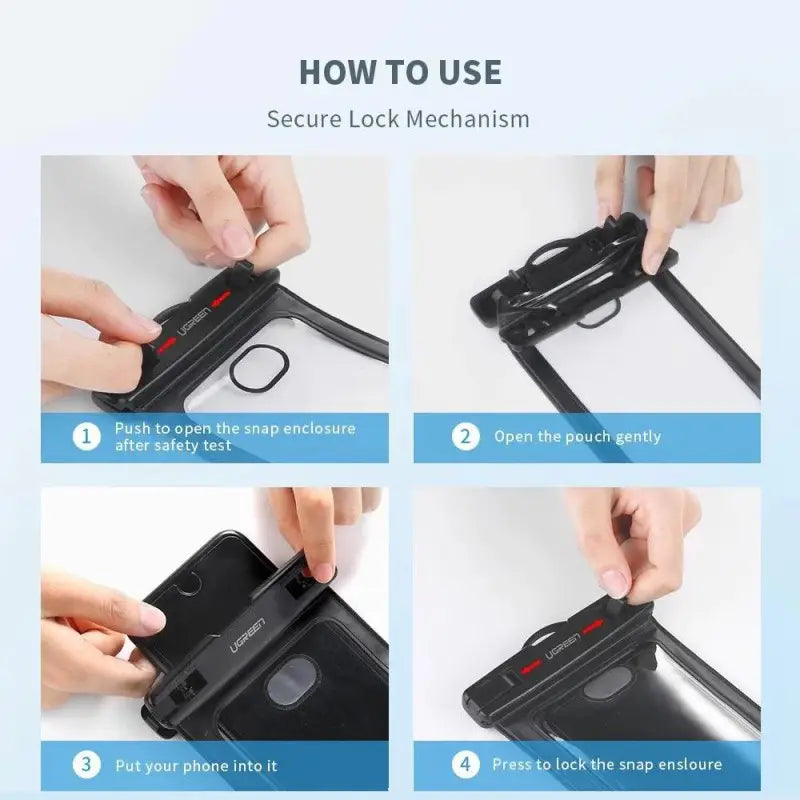 Step by step instructional infographic on how to use the secure lock mechanism on the Ugreen universal IPX8 waterproof phone case from Lebtech Store with fast delivery in Lebanon.