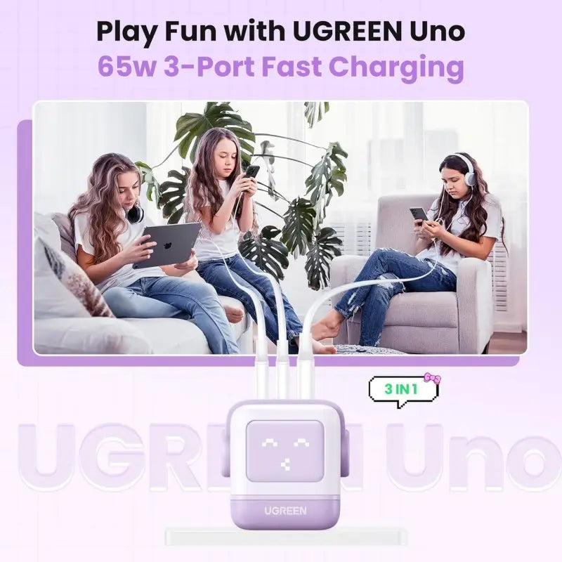 Promotional graphic for the UGREEN Uno 65W 3-port fast charger demonstrating simultaneous multi-device charging for phones and tablets, available at Lebtech Store in Lebanon.