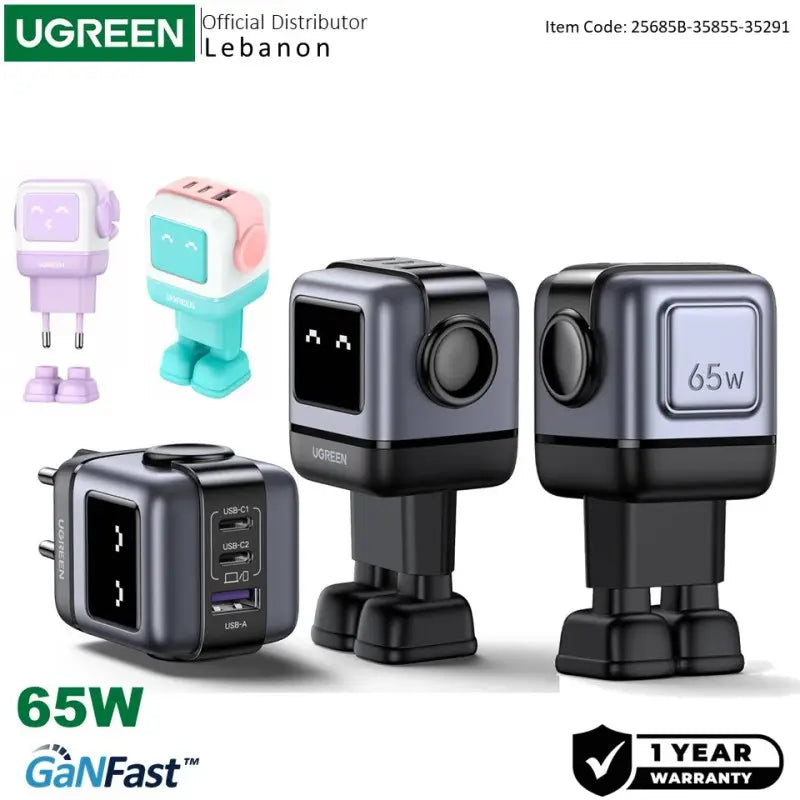 UGREEN Uno 65W GaN fast charger lineup displaying the black, pink, and blue robot designs with smart LED screens showing emoji expressions, offered by Lebtech Store in Lebanon.