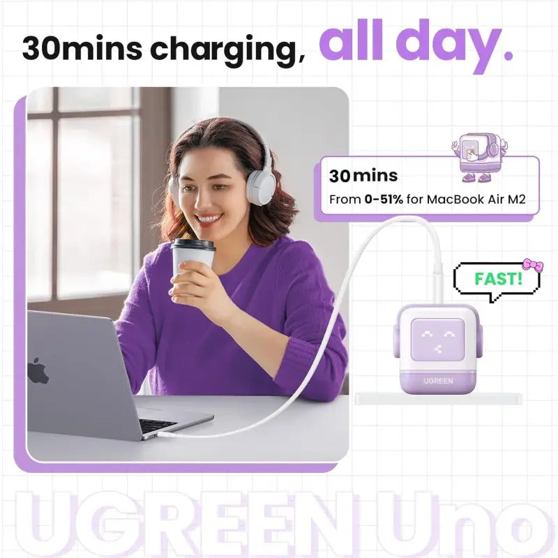 An infographic demonstrating the UGREEN Uno 65W GaN charger speed, capable of charging a MacBook Air M2 laptop from zero to fifty-one percent in thirty minutes, from Lebtech Store in Lebanon.