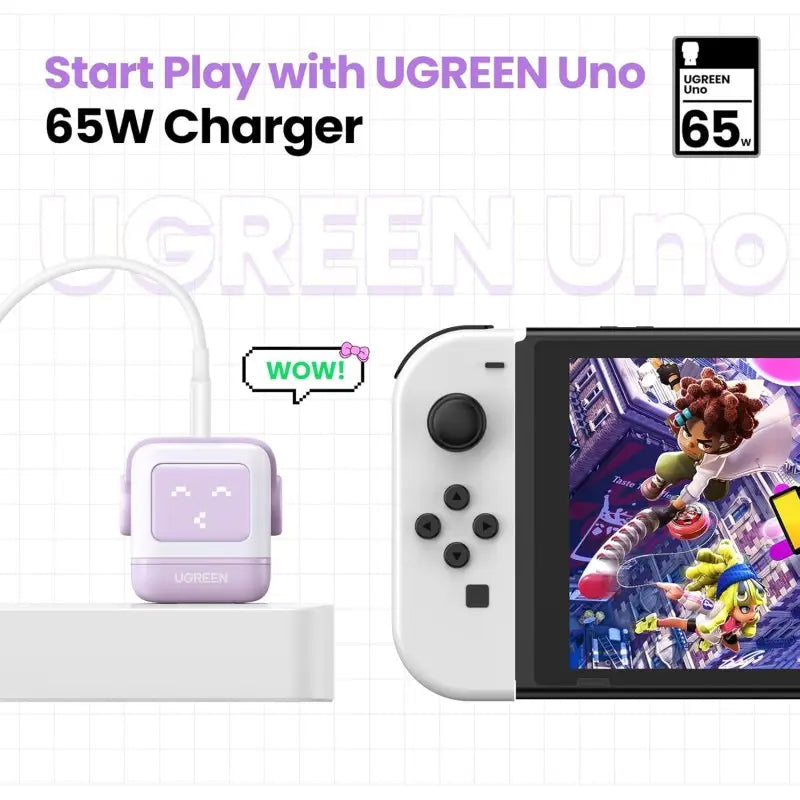 An infographic showing the UGREEN Uno 65W GaN robot charger powering up a white Nintendo Switch handheld gaming console, available from Lebtech Store in Lebanon.