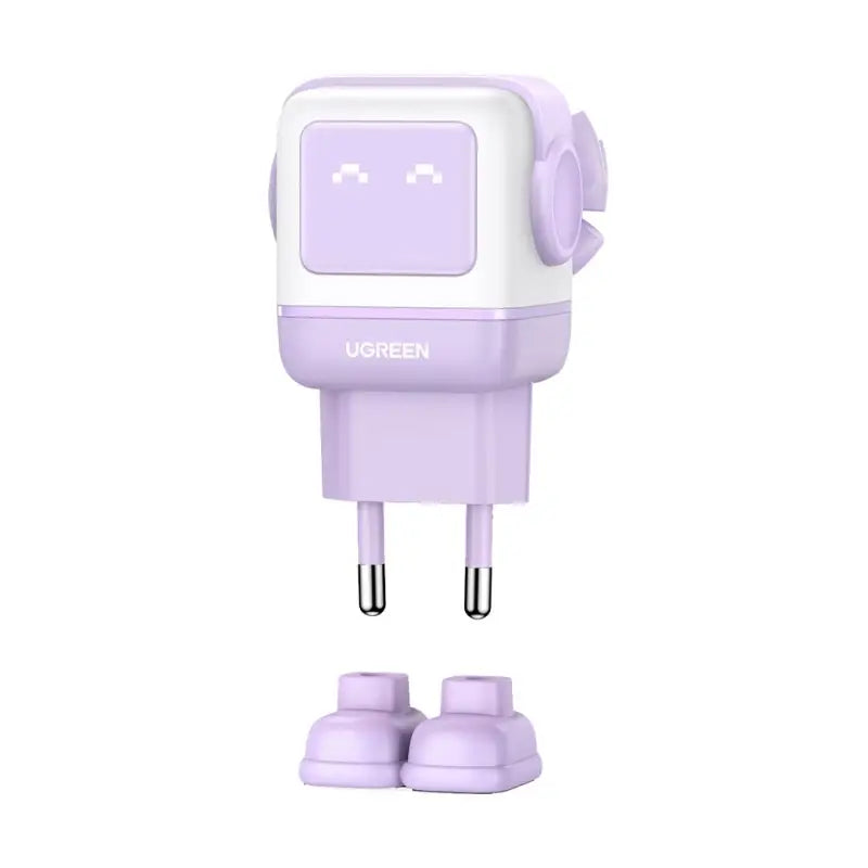 Studio shot of the purple UGREEN Uno 65W GaN robot charger with an EU type wall plug and detachable magnetic boot feet, from Lebtech Store in Lebanon.