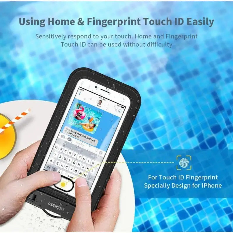 Feature infographic of the Ugreen waterproof phone case highlighting touch screen and fingerprint Touch ID compatibility, available at Lebtech Store with fast delivery across Lebanon.