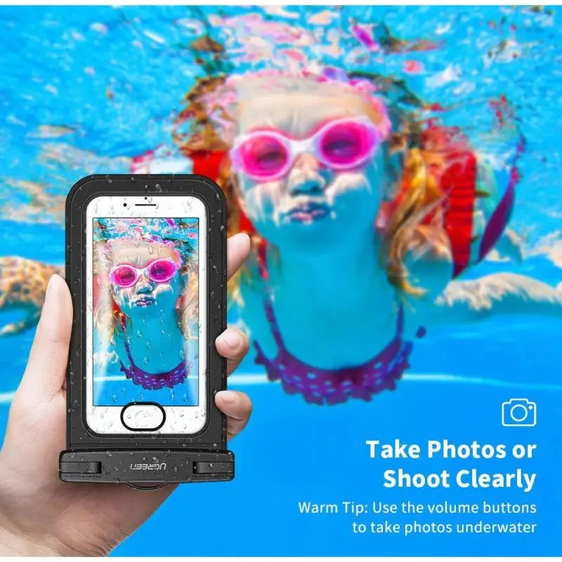 Promotional infographic for the Ugreen waterproof mobile pouch showcasing a crisp underwater photo of a swimming child, available at Lebtech Store with fast delivery across Lebanon.
