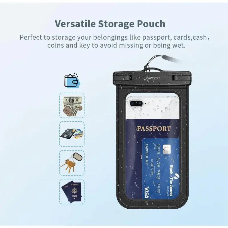 Infographic showing the Ugreen waterproof phone case used as a versatile storage pouch for cash, cards, keys, and passports, from Lebtech Store with fast delivery across Lebanon.