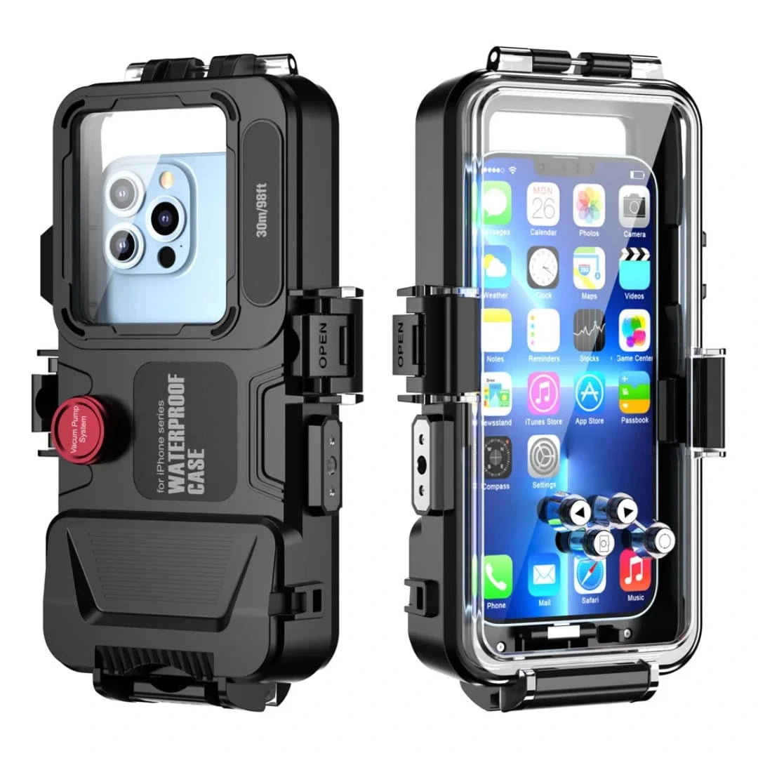 Front and back view of the underwater photography phone housing featuring a clear screen window and a vacuum pump valve from Lebtech Store Lebanon.