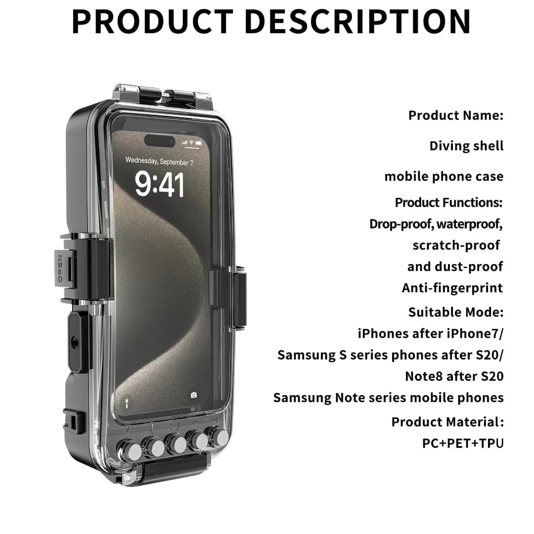 Universal diving shell phone case product specifications diagram showing heavy duty waterproof design from Lebtech Store Lebanon.