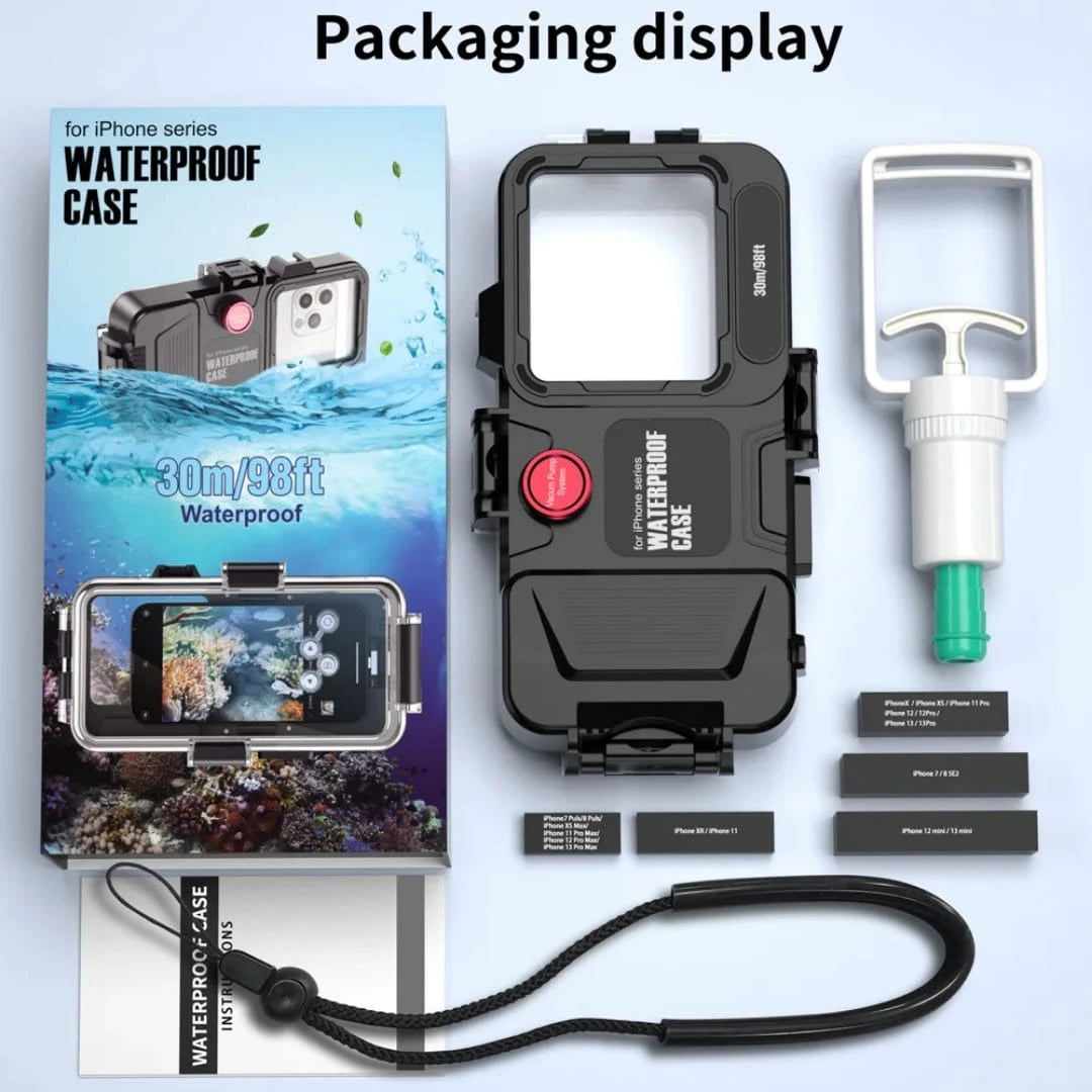 Universal professional waterproof diving phone case packaging display with vacuum pump system and iPhone compatibility inserts from Lebtech Store Lebanon.
