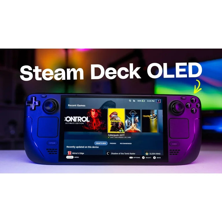 Valve Steam Deck OLED 1TB showing the SteamOS game library interface and vibrant screen colors at Lebtech Store Lebanon.