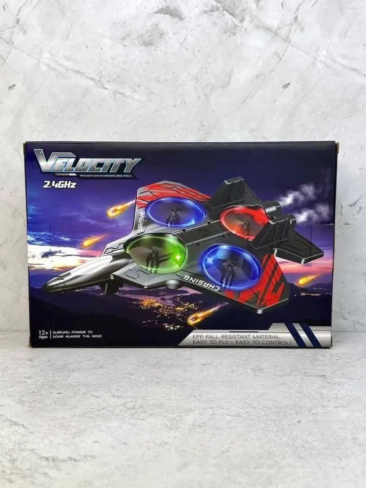 The retail box packaging for the Velocity 2.4GHz fighter jet RC quadcopter drone, highlighting its EPP fall-resistant material and LED stunt lights, available at Lebtech Store in Lebanon.