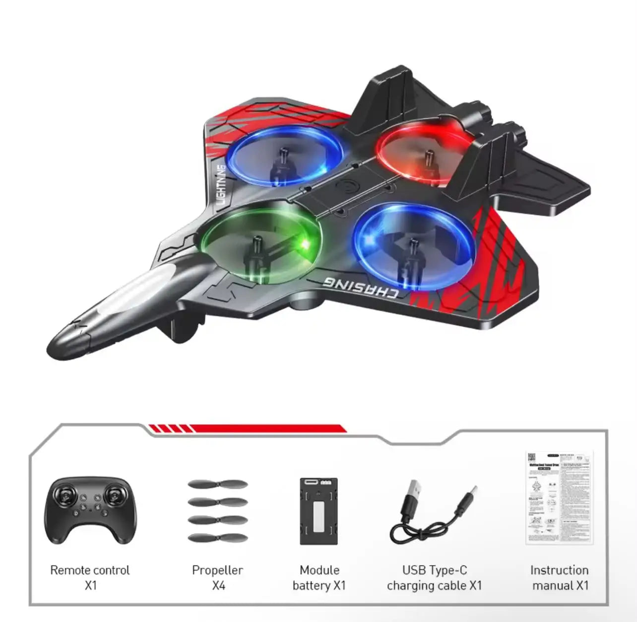 Velocity 2.4GHz fighter jet RC quadcopter drone with full accessory package including remote control, spare propellers, modular battery, USB Type-C charging cable, and instruction manual from Lebtech Store in Lebanon.