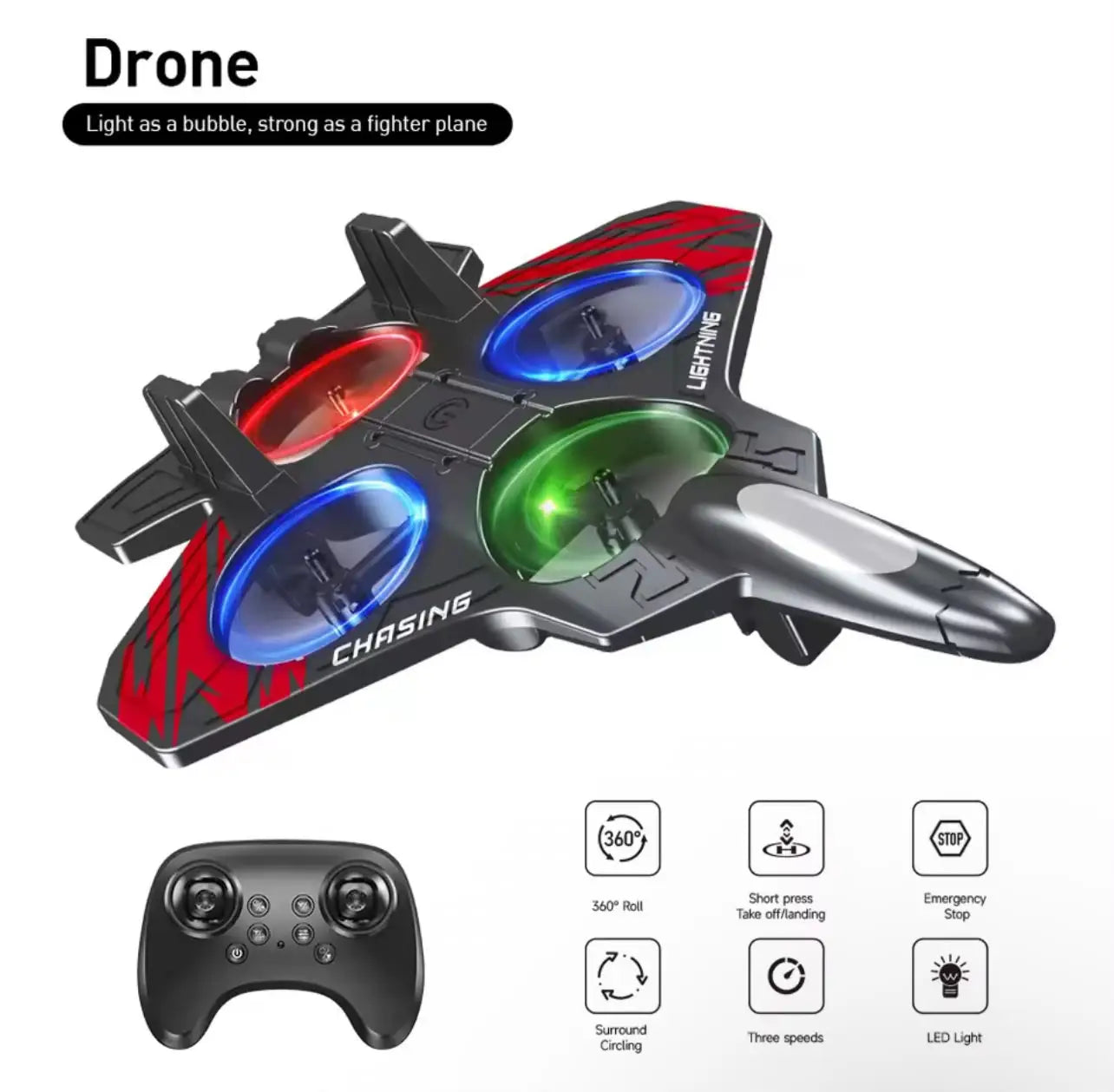 Velocity RC fighter jet drone and controller showcasing remote functions like 360 roll, one key take-off landing, emergency stop, surround circling, three speeds, and LED lights at Lebtech Store in Lebanon.