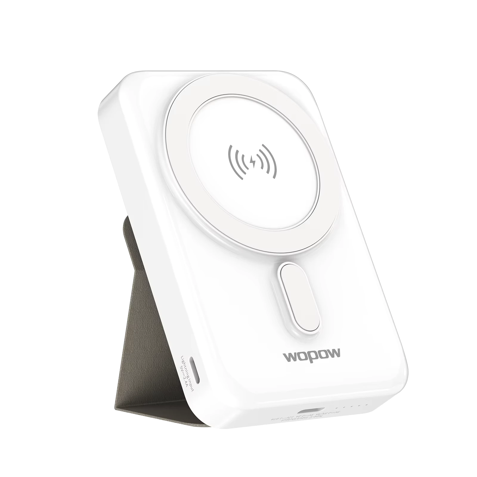 White WOPOW PW60 magnetic wireless power bank with integrated folding kickstand stand, offered by LebTech Store in Lebanon.