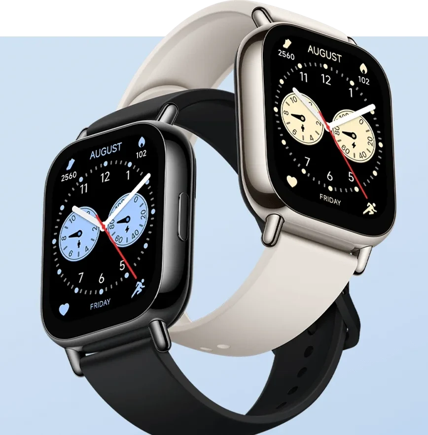 Xiaomi Redmi Watch 5 Lite smartwatches side-by-side in black and light gold color variants with custom clock faces, offered with fast shipping across Lebanon by Lebtech Store.