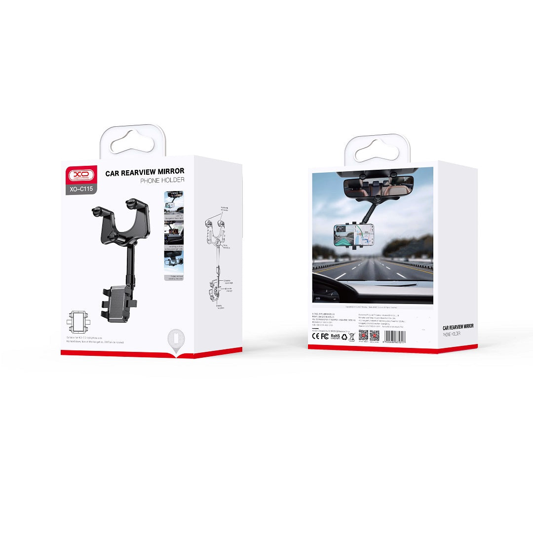XO C115 Rearview Mirror Car Holder retail box packaging front and back angles from Lebtech Store Lebanon